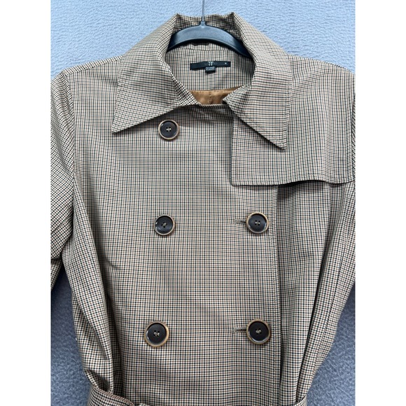 TeenFlo Jacket Womens Sz 8 Plaid Double Breasted Trench Coat Belted Tan - Picture 4 of 13